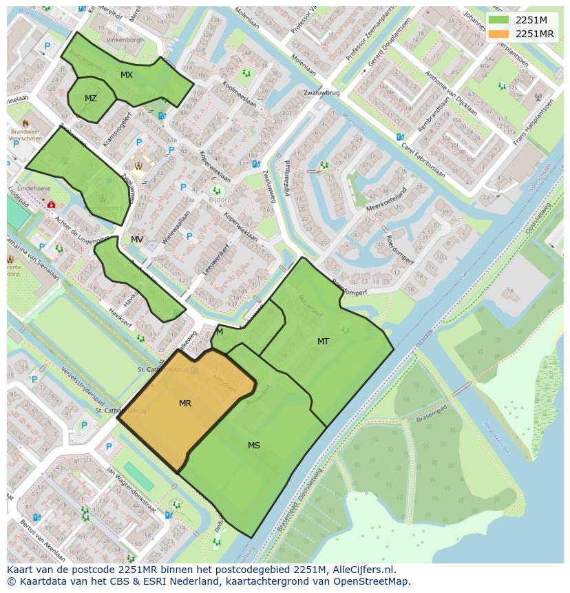 Afbeelding van het postcodegebied 2251 MR op de kaart.