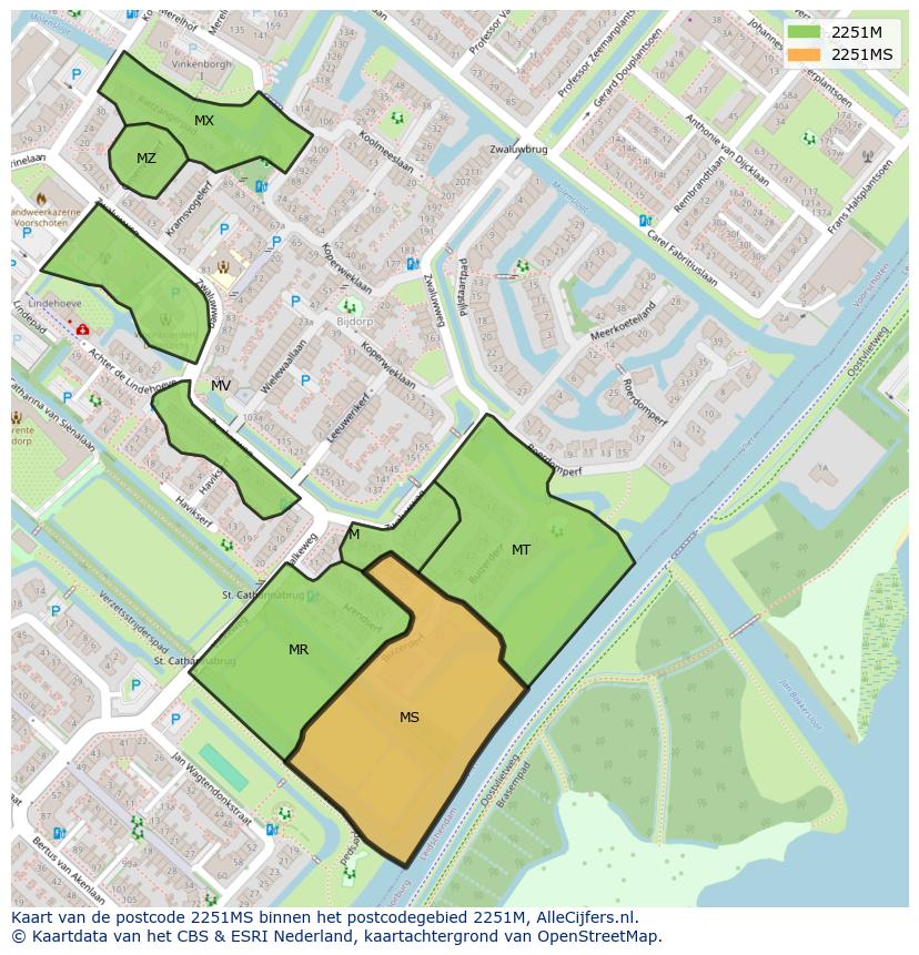 Afbeelding van het postcodegebied 2251 MS op de kaart.