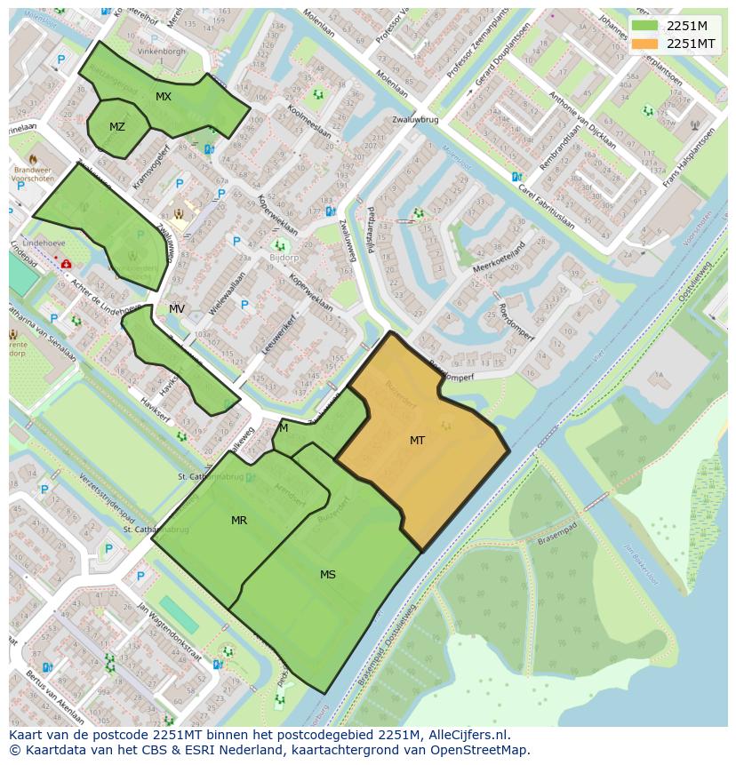 Afbeelding van het postcodegebied 2251 MT op de kaart.