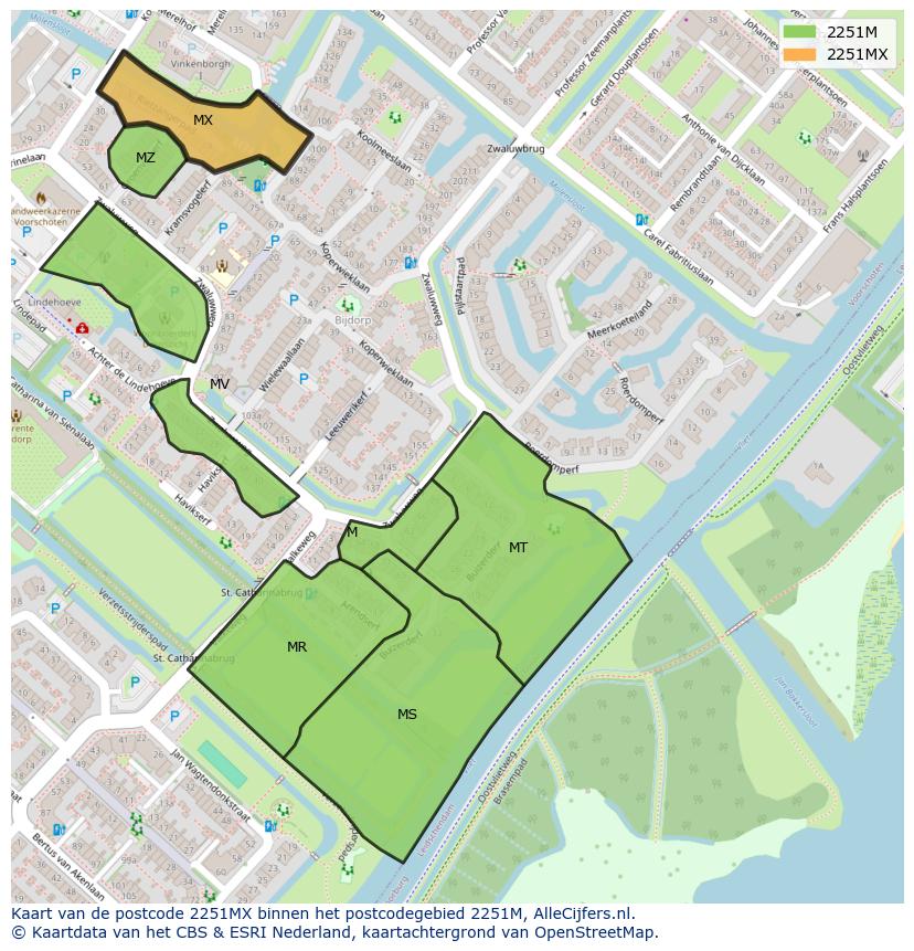 Afbeelding van het postcodegebied 2251 MX op de kaart.