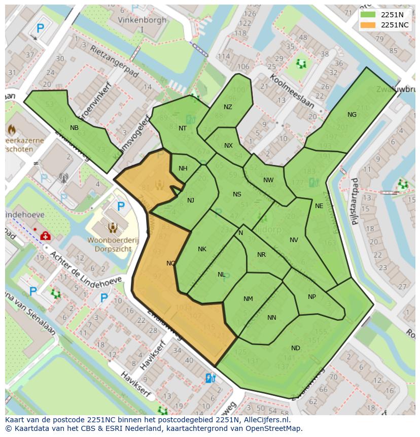 Afbeelding van het postcodegebied 2251 NC op de kaart.