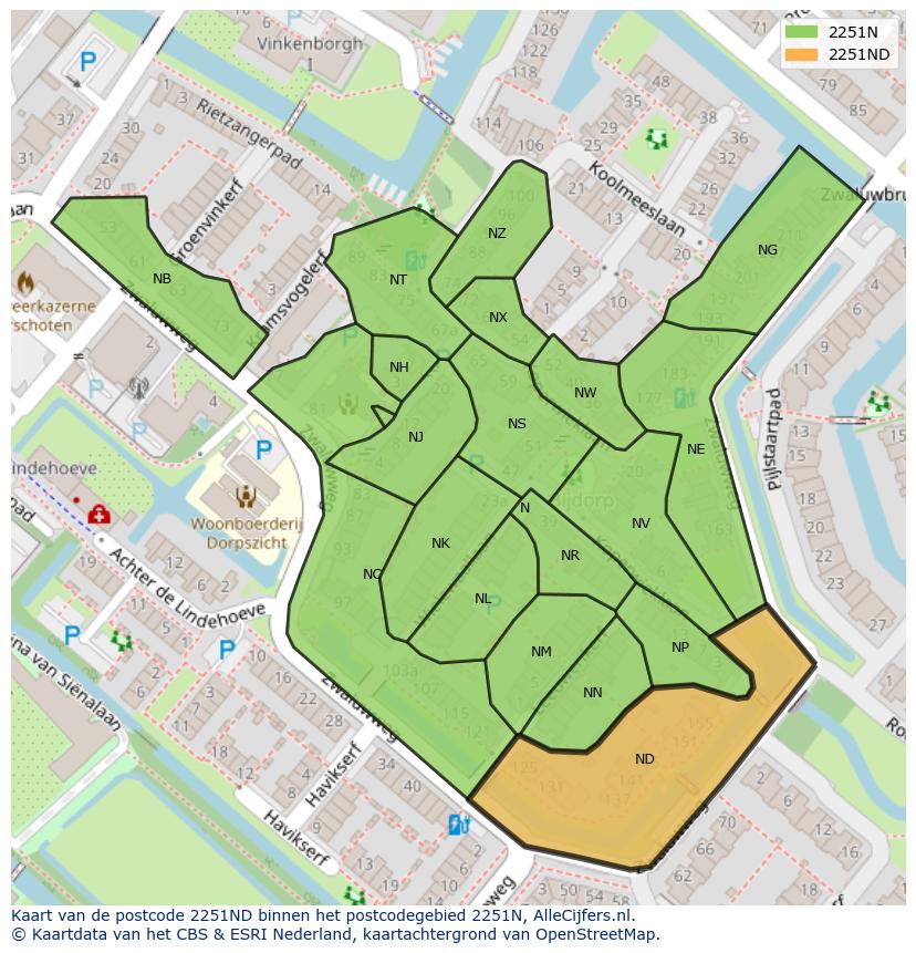 Afbeelding van het postcodegebied 2251 ND op de kaart.