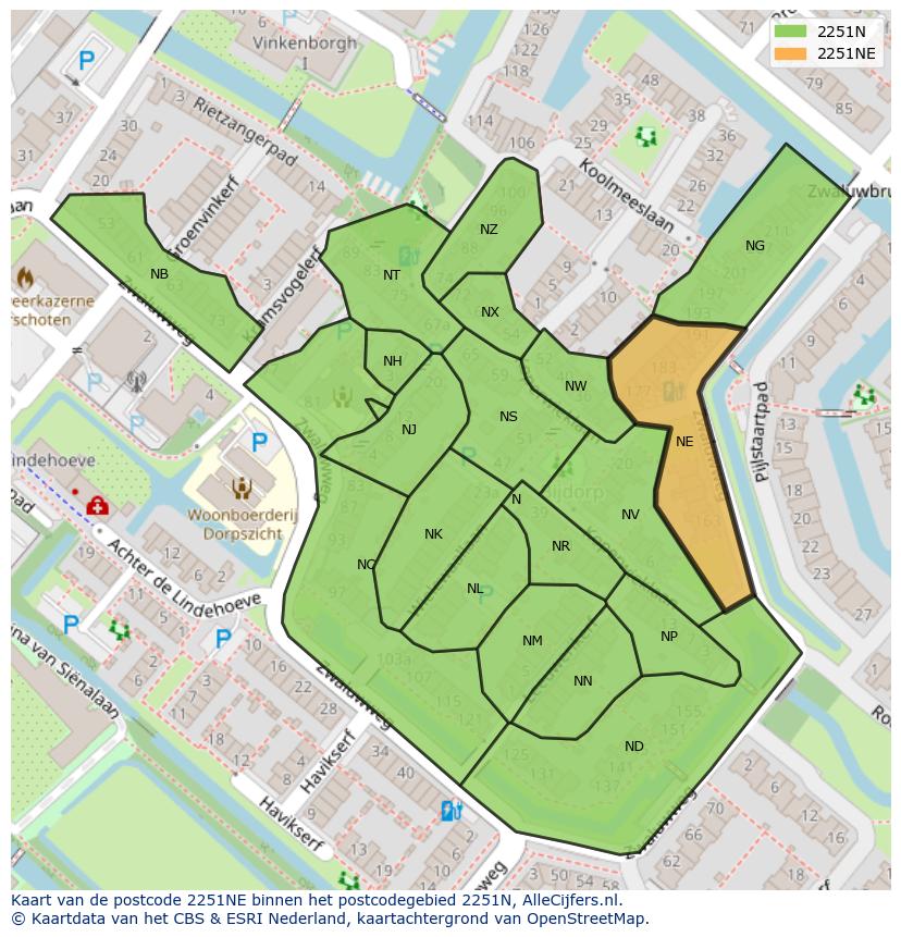 Afbeelding van het postcodegebied 2251 NE op de kaart.