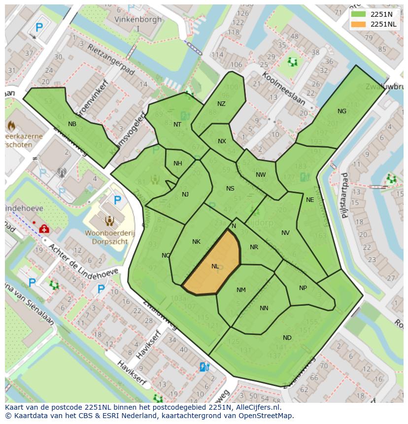 Afbeelding van het postcodegebied 2251 NL op de kaart.