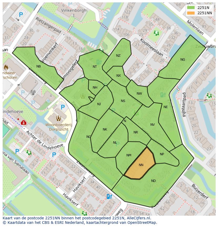 Afbeelding van het postcodegebied 2251 NN op de kaart.