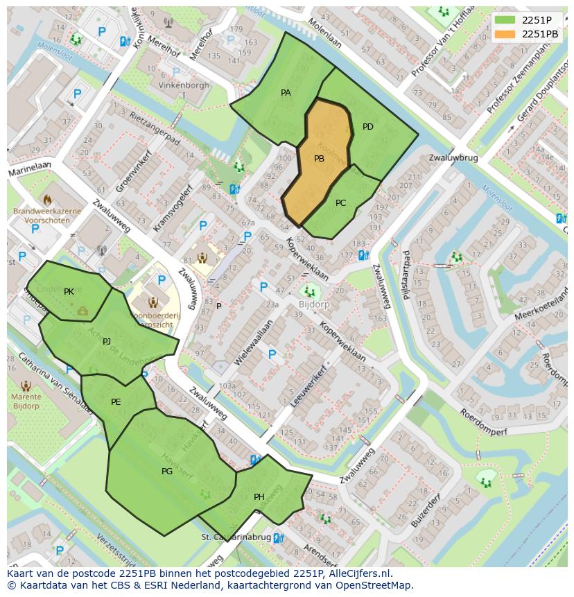 Afbeelding van het postcodegebied 2251 PB op de kaart.