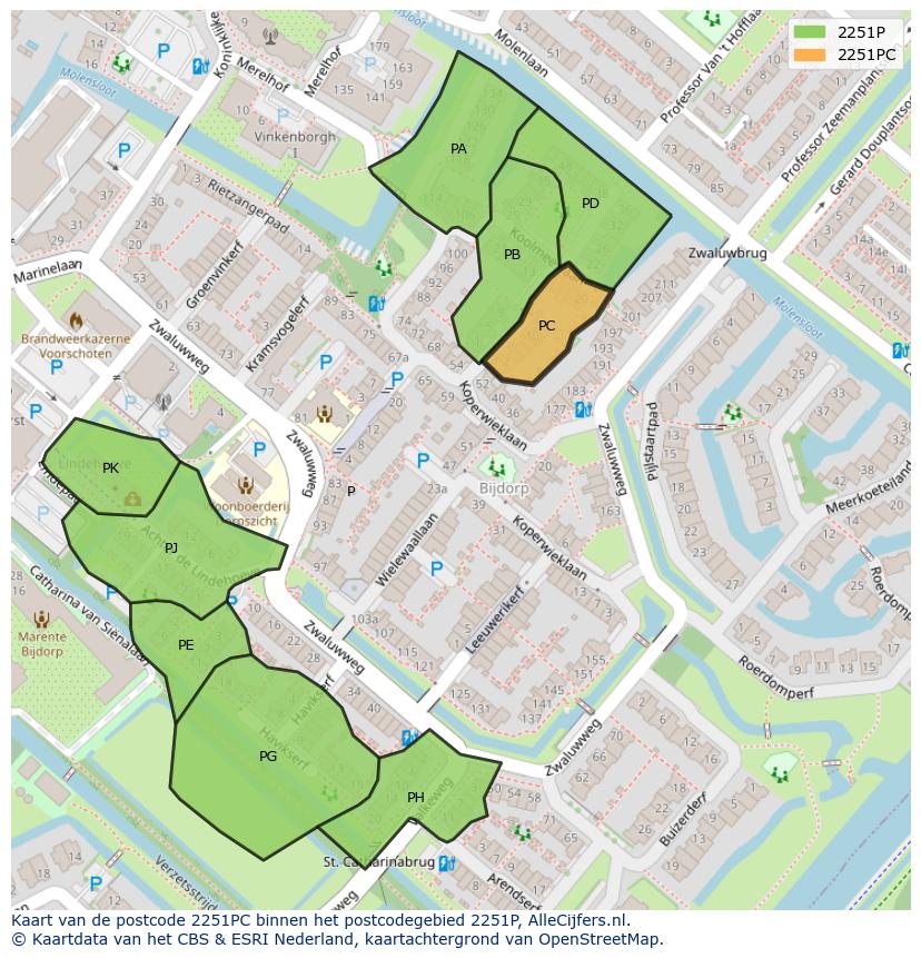 Afbeelding van het postcodegebied 2251 PC op de kaart.