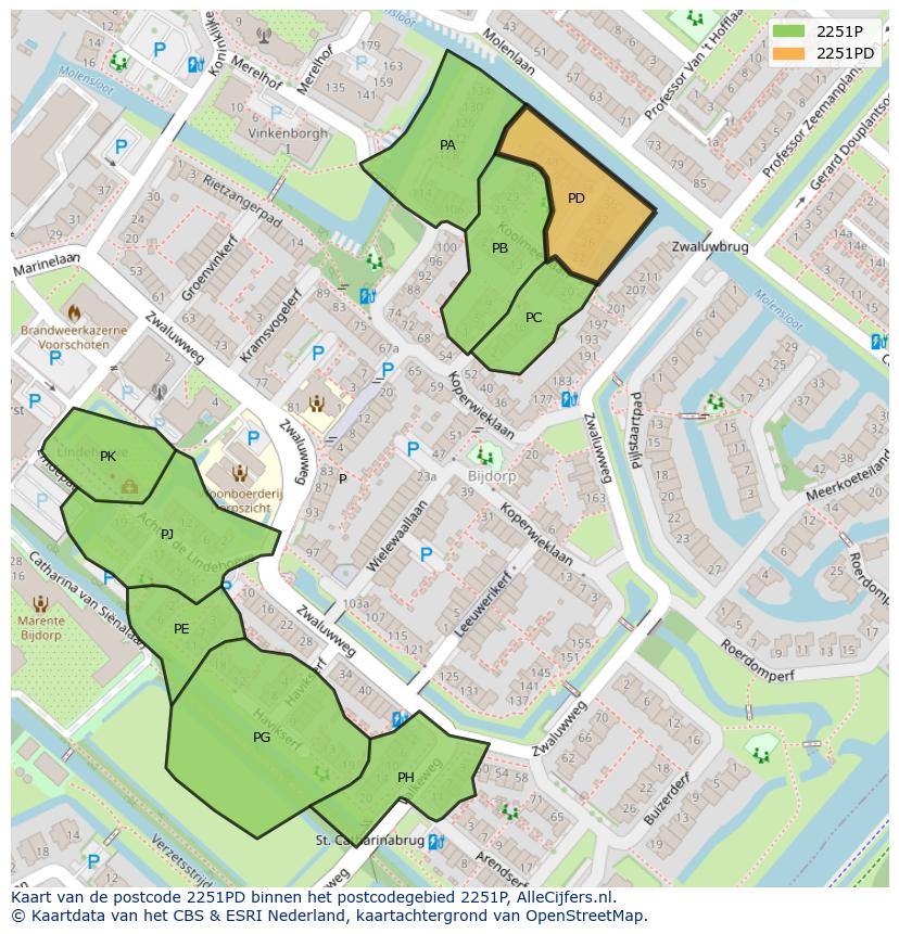 Afbeelding van het postcodegebied 2251 PD op de kaart.