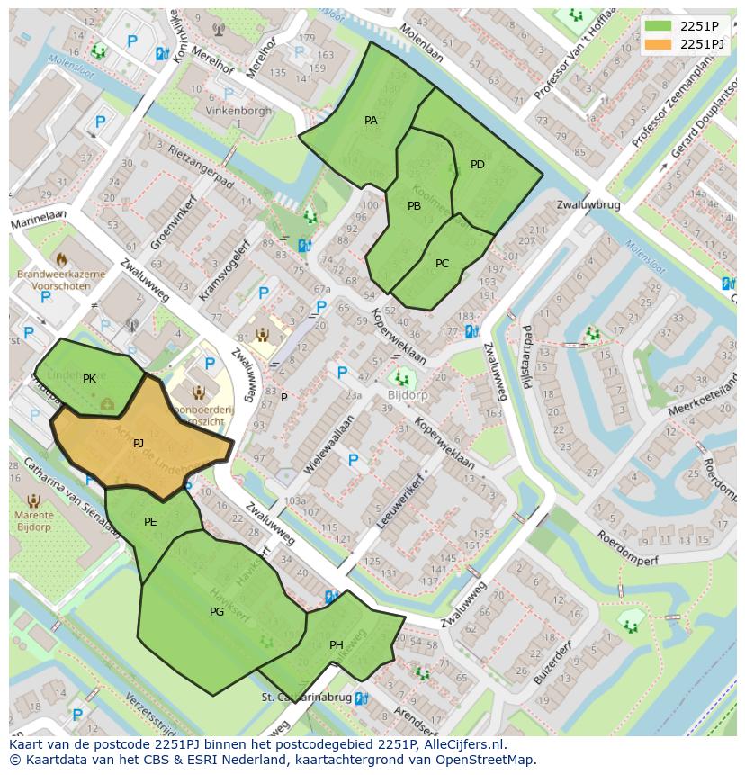 Afbeelding van het postcodegebied 2251 PJ op de kaart.