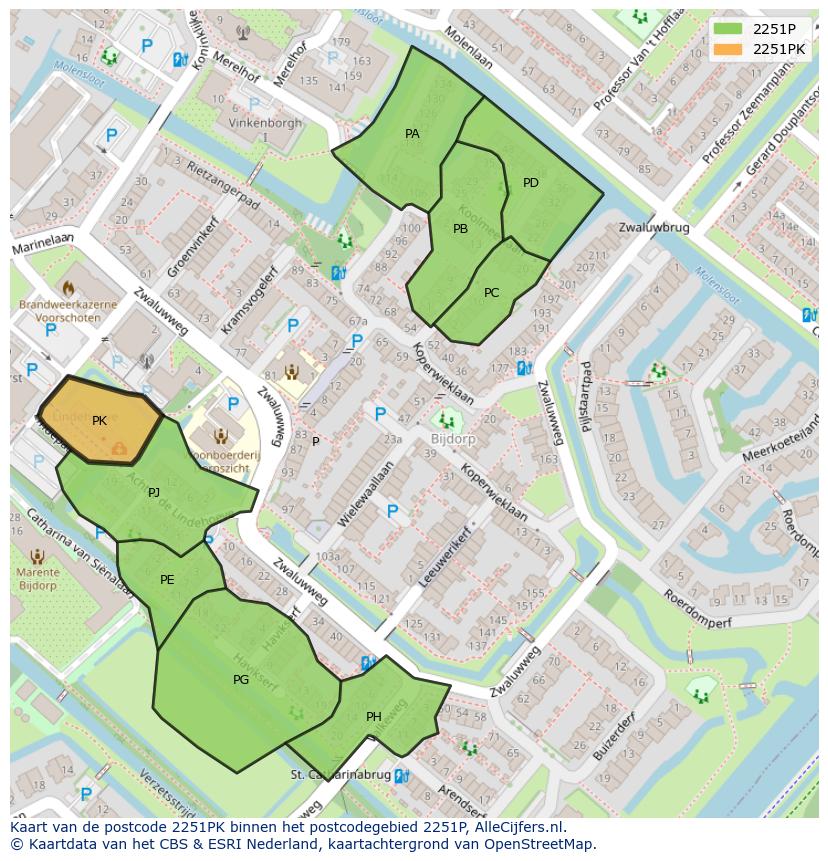 Afbeelding van het postcodegebied 2251 PK op de kaart.
