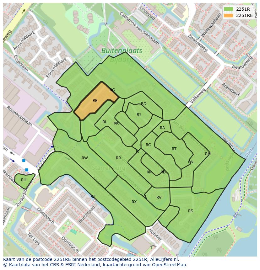 Afbeelding van het postcodegebied 2251 RE op de kaart.