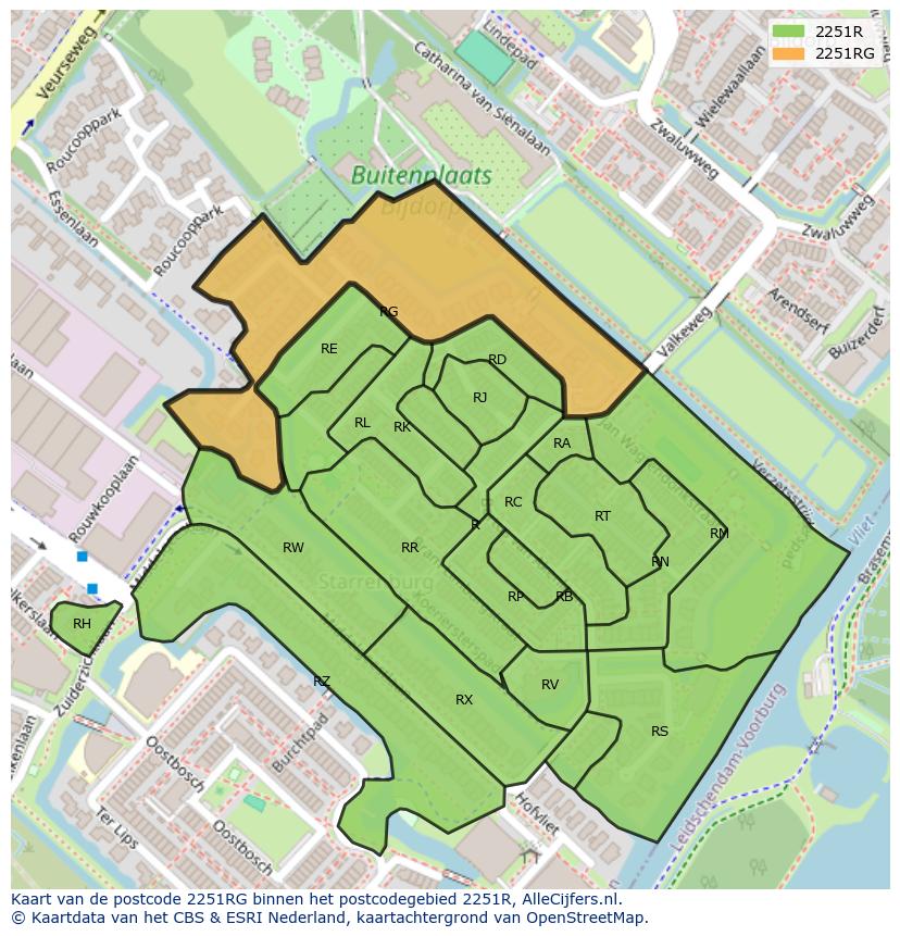 Afbeelding van het postcodegebied 2251 RG op de kaart.