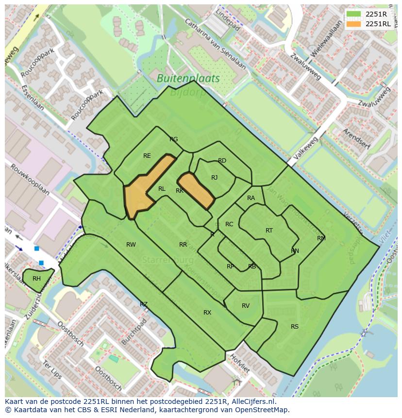 Afbeelding van het postcodegebied 2251 RL op de kaart.