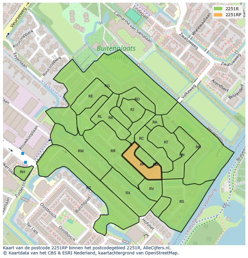 Afbeelding van het postcodegebied 2251 RP op de kaart.