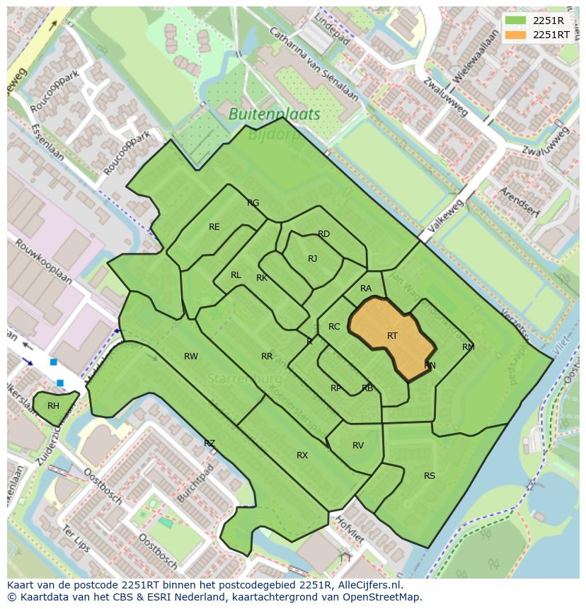 Afbeelding van het postcodegebied 2251 RT op de kaart.