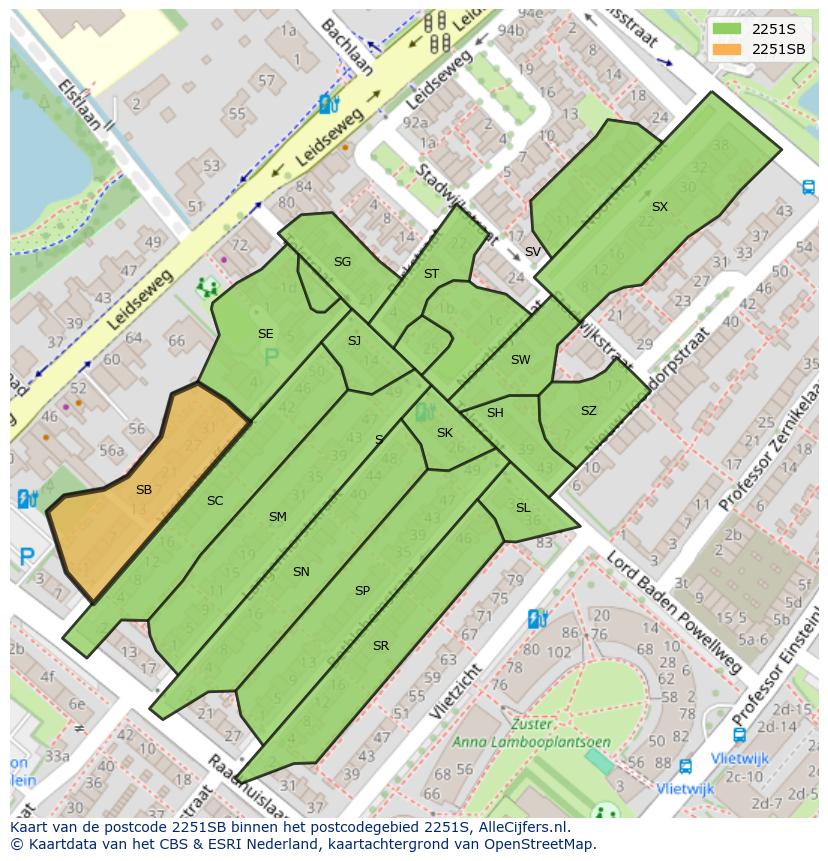 Afbeelding van het postcodegebied 2251 SB op de kaart.