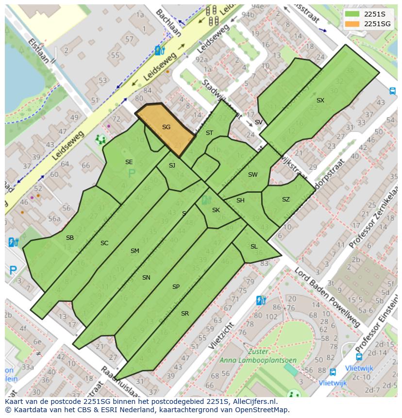 Afbeelding van het postcodegebied 2251 SG op de kaart.