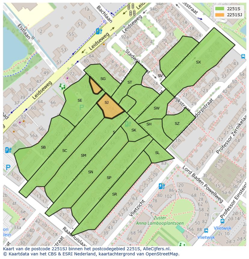 Afbeelding van het postcodegebied 2251 SJ op de kaart.
