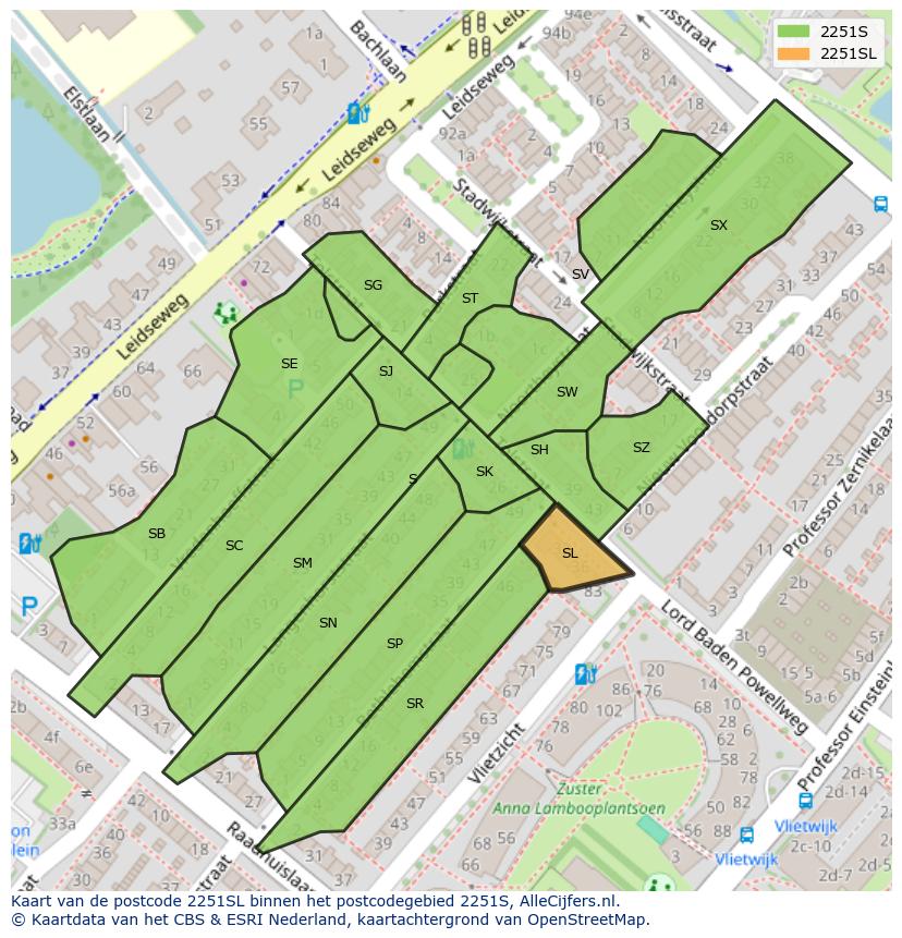 Afbeelding van het postcodegebied 2251 SL op de kaart.