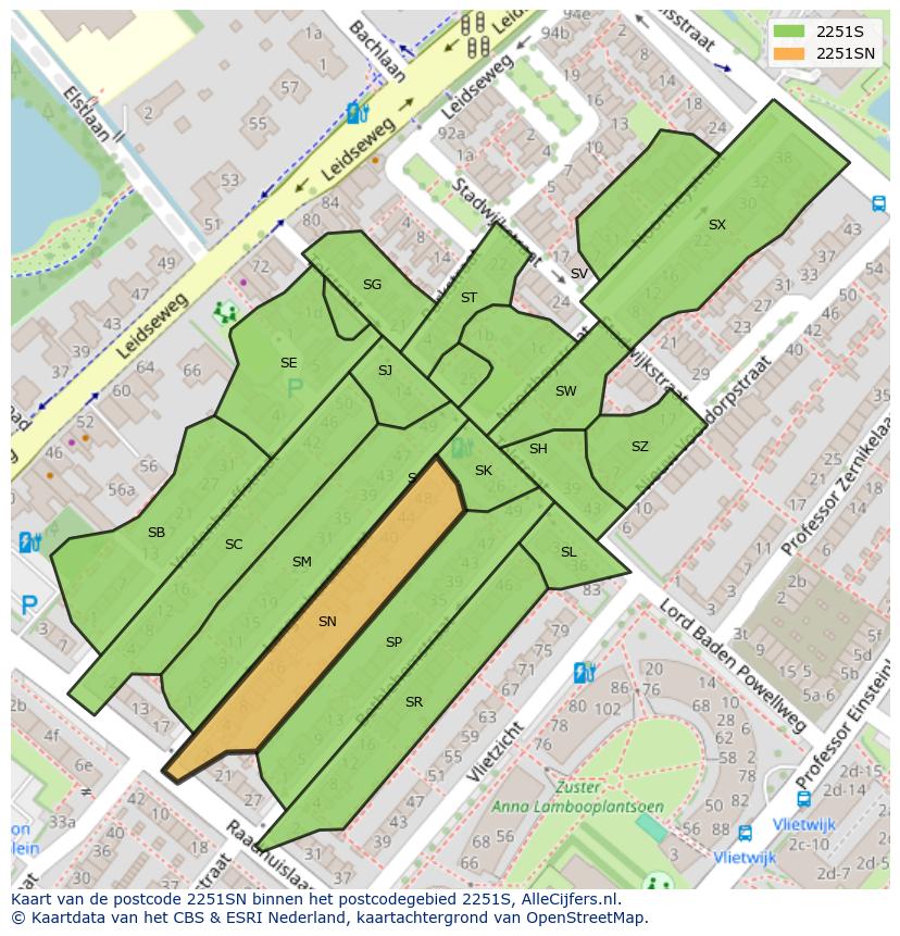 Afbeelding van het postcodegebied 2251 SN op de kaart.