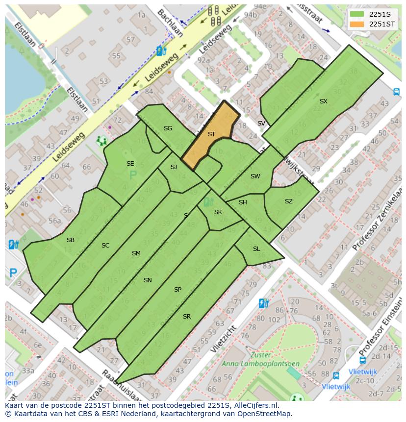 Afbeelding van het postcodegebied 2251 ST op de kaart.