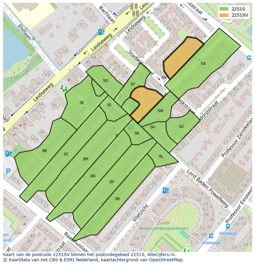 Afbeelding van het postcodegebied 2251 SV op de kaart.