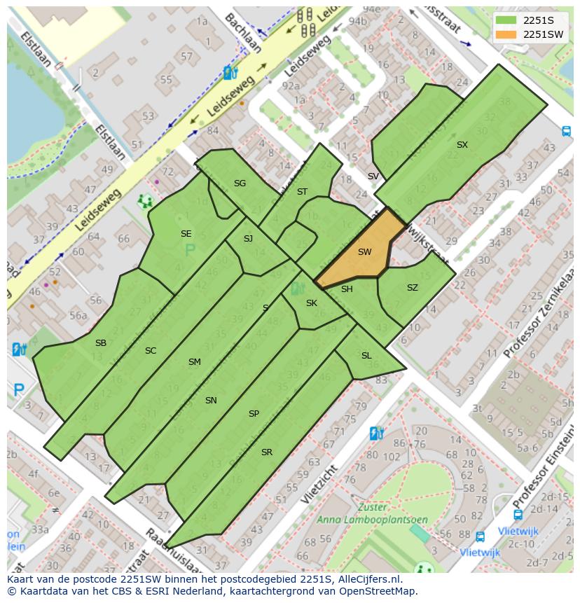 Afbeelding van het postcodegebied 2251 SW op de kaart.