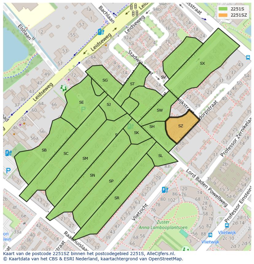 Afbeelding van het postcodegebied 2251 SZ op de kaart.