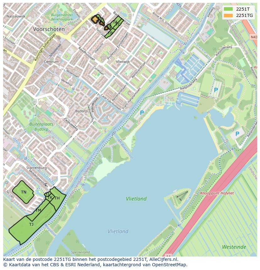Afbeelding van het postcodegebied 2251 TG op de kaart.