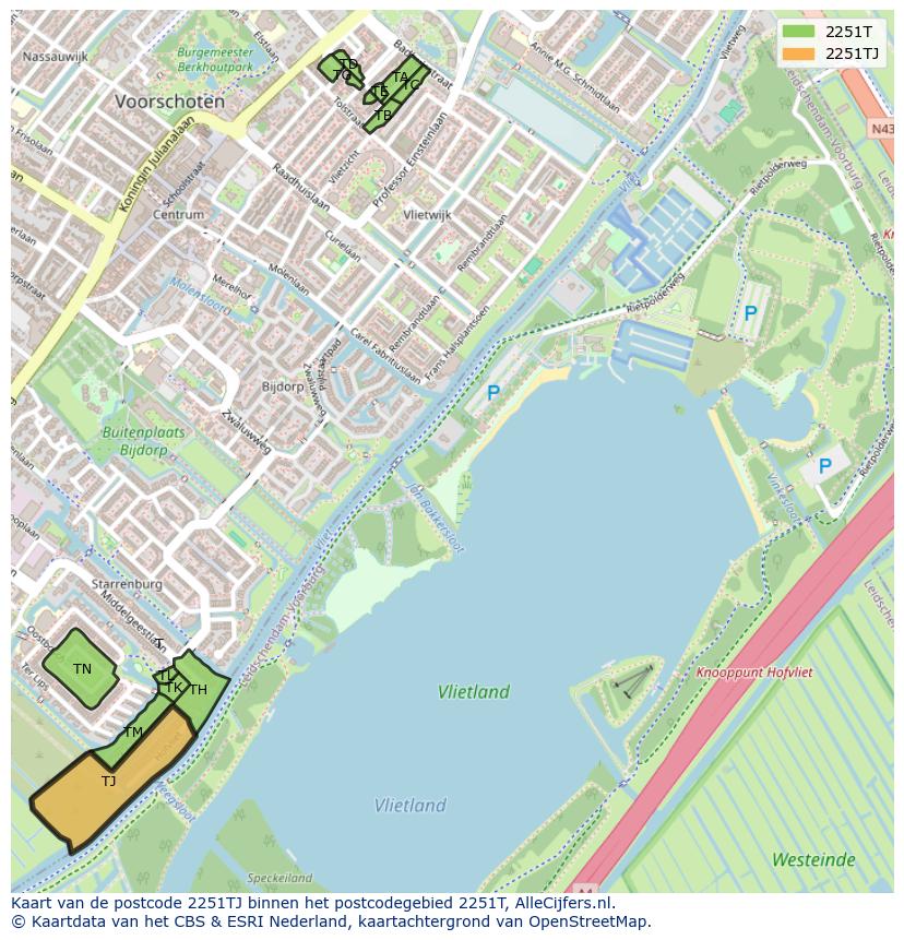 Afbeelding van het postcodegebied 2251 TJ op de kaart.