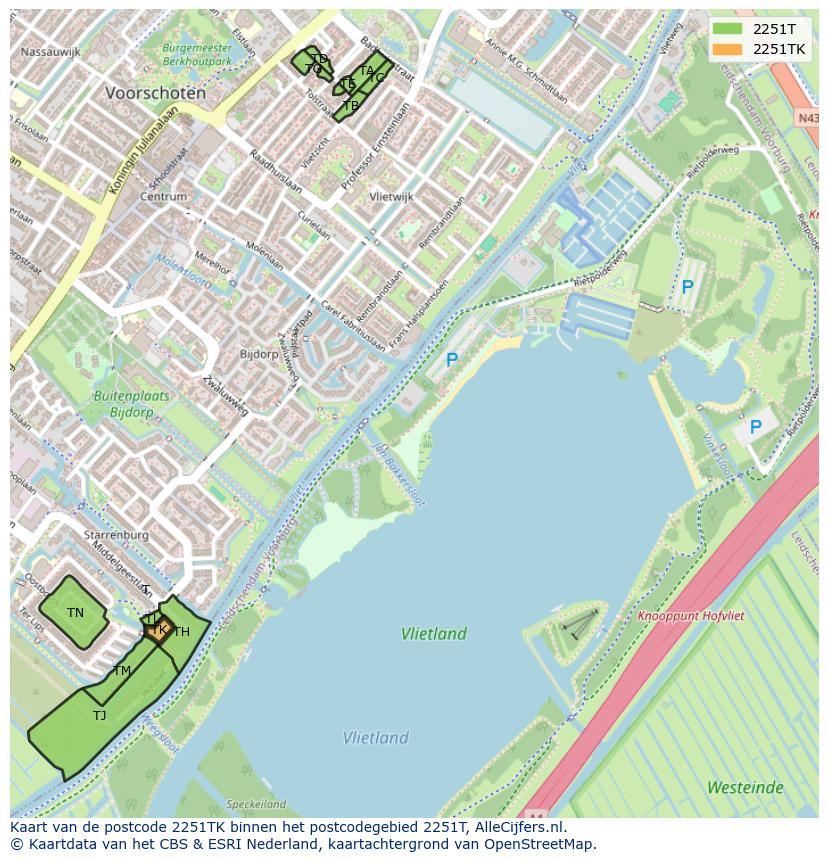 Afbeelding van het postcodegebied 2251 TK op de kaart.