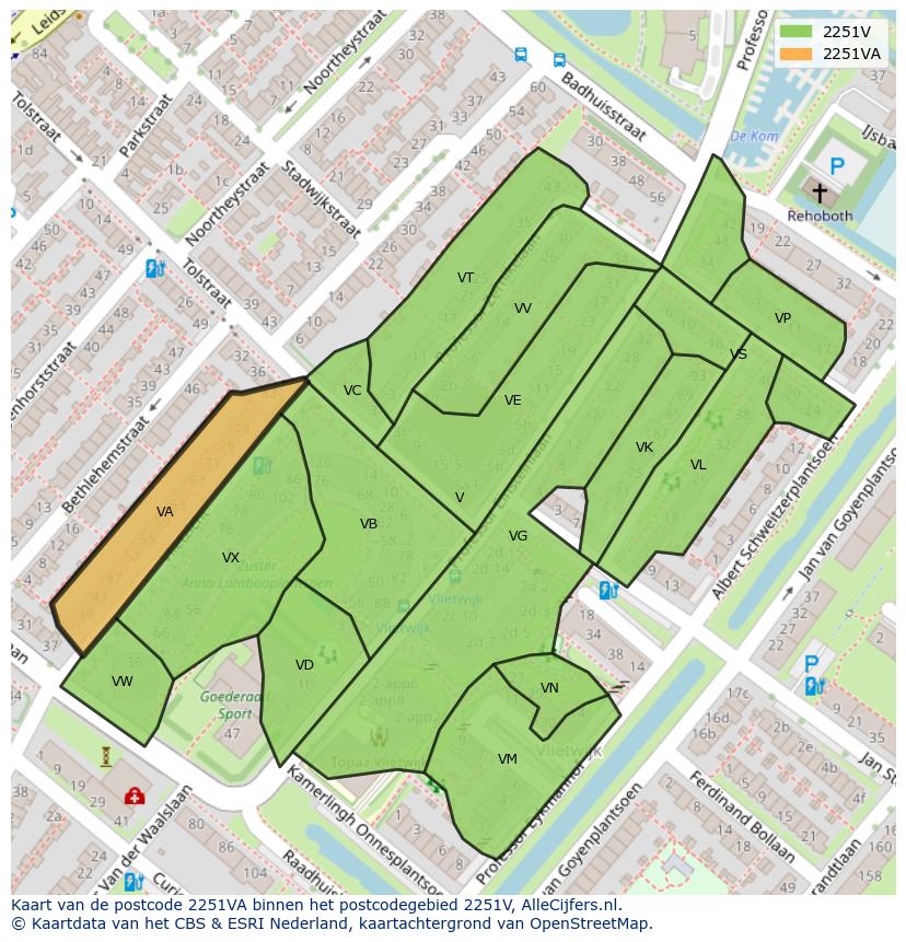 Afbeelding van het postcodegebied 2251 VA op de kaart.