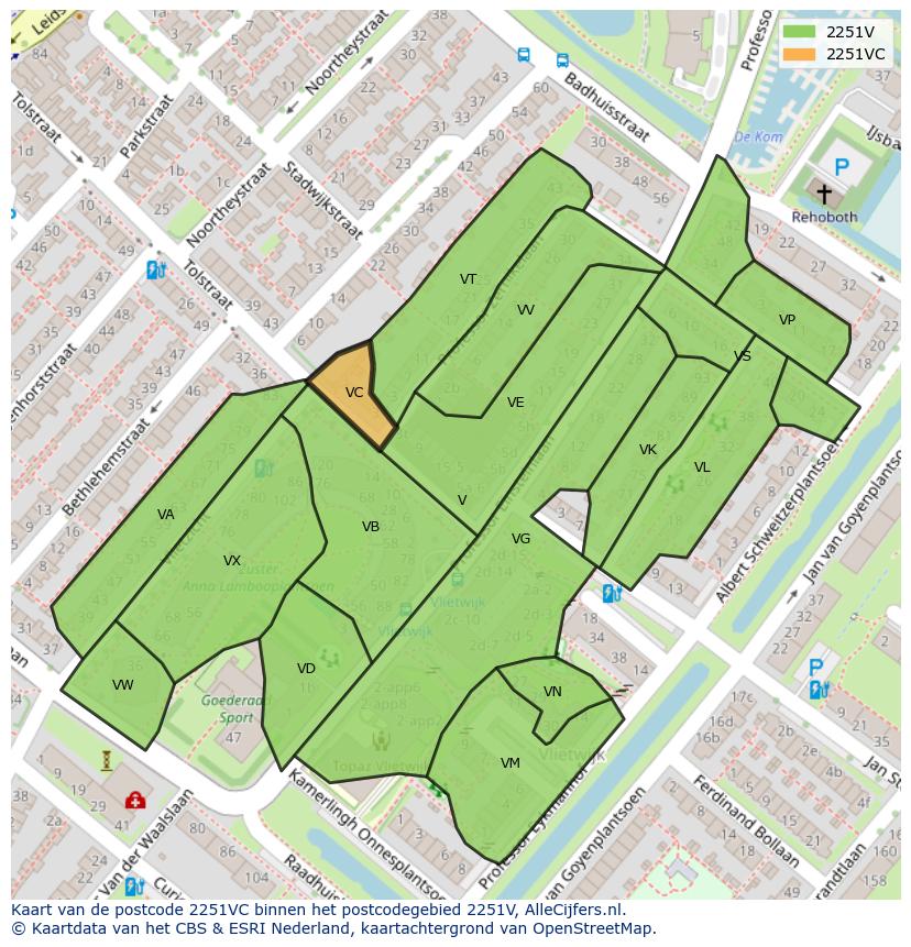 Afbeelding van het postcodegebied 2251 VC op de kaart.