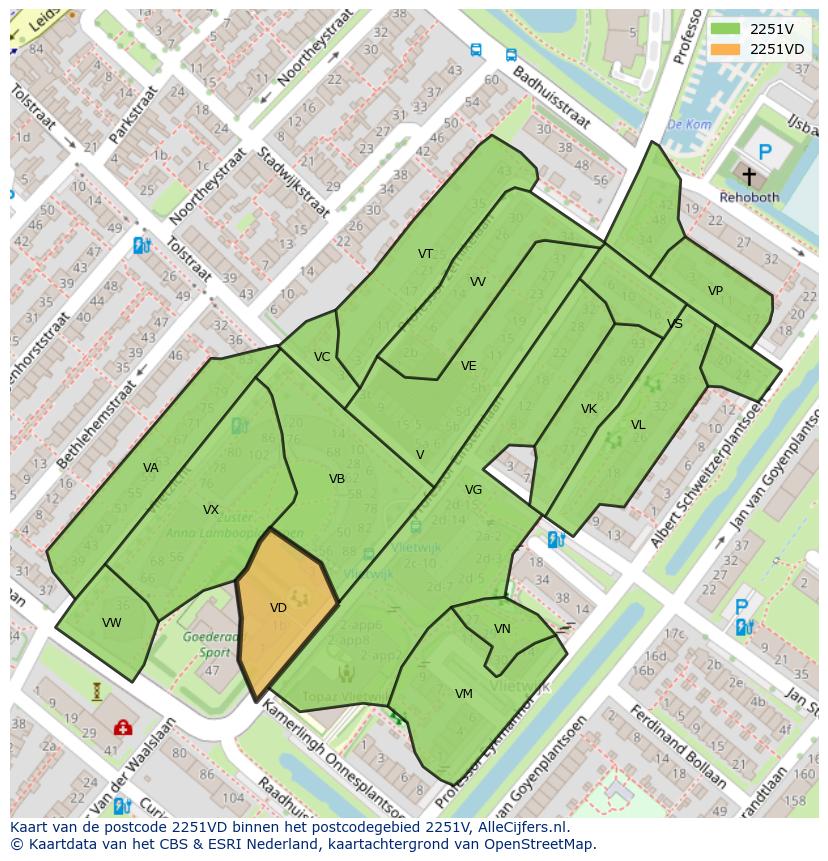 Afbeelding van het postcodegebied 2251 VD op de kaart.
