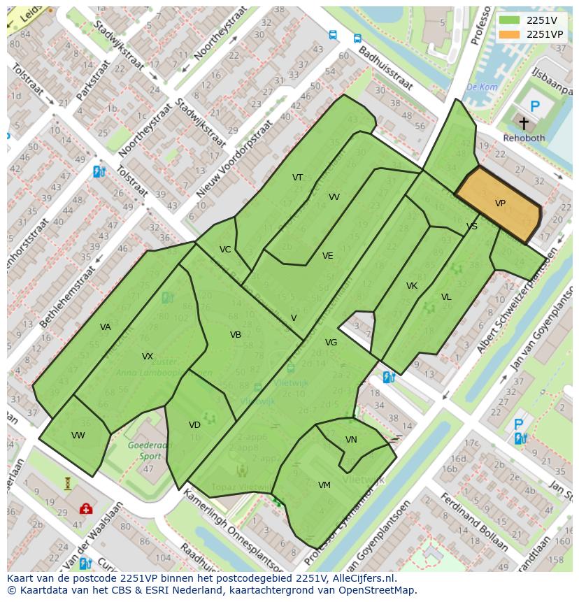 Afbeelding van het postcodegebied 2251 VP op de kaart.