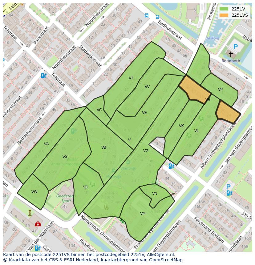Afbeelding van het postcodegebied 2251 VS op de kaart.