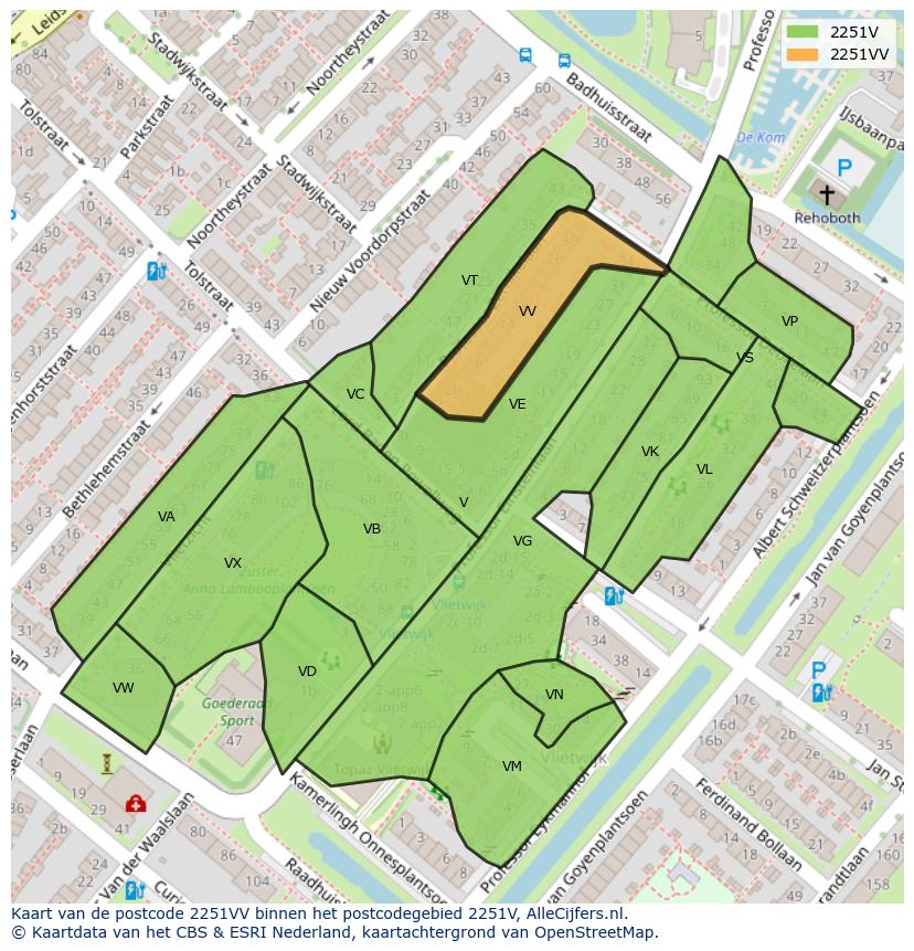 Afbeelding van het postcodegebied 2251 VV op de kaart.