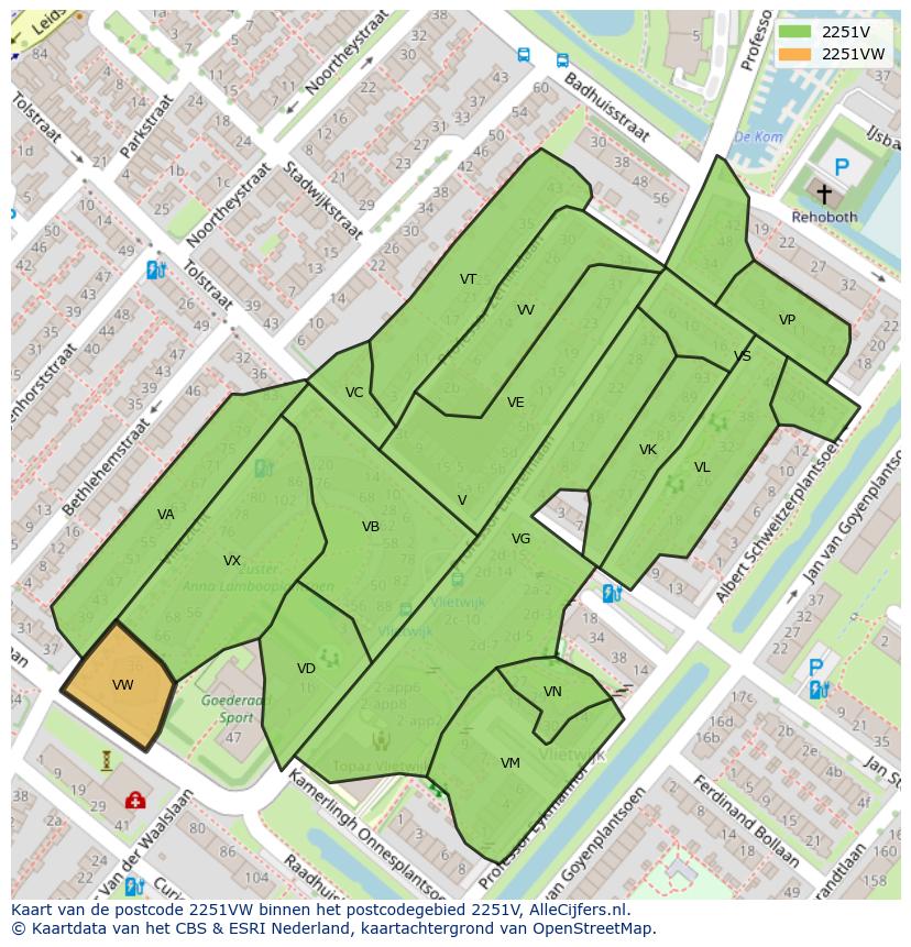 Afbeelding van het postcodegebied 2251 VW op de kaart.