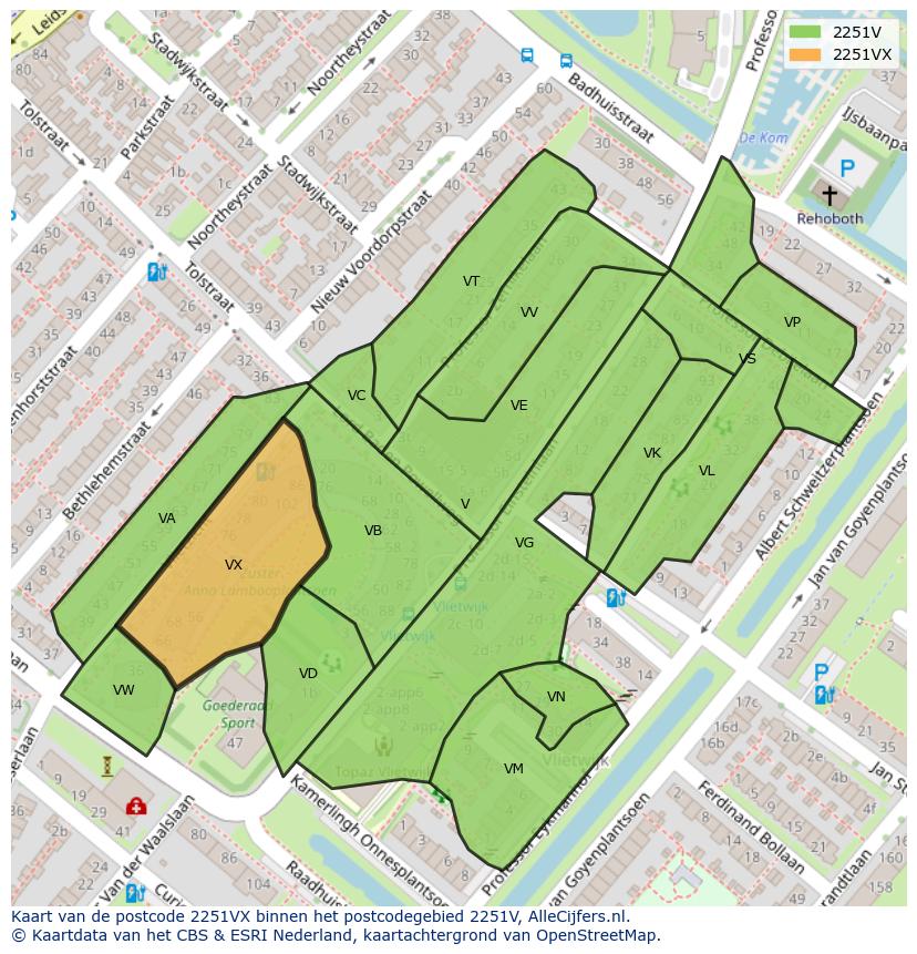 Afbeelding van het postcodegebied 2251 VX op de kaart.