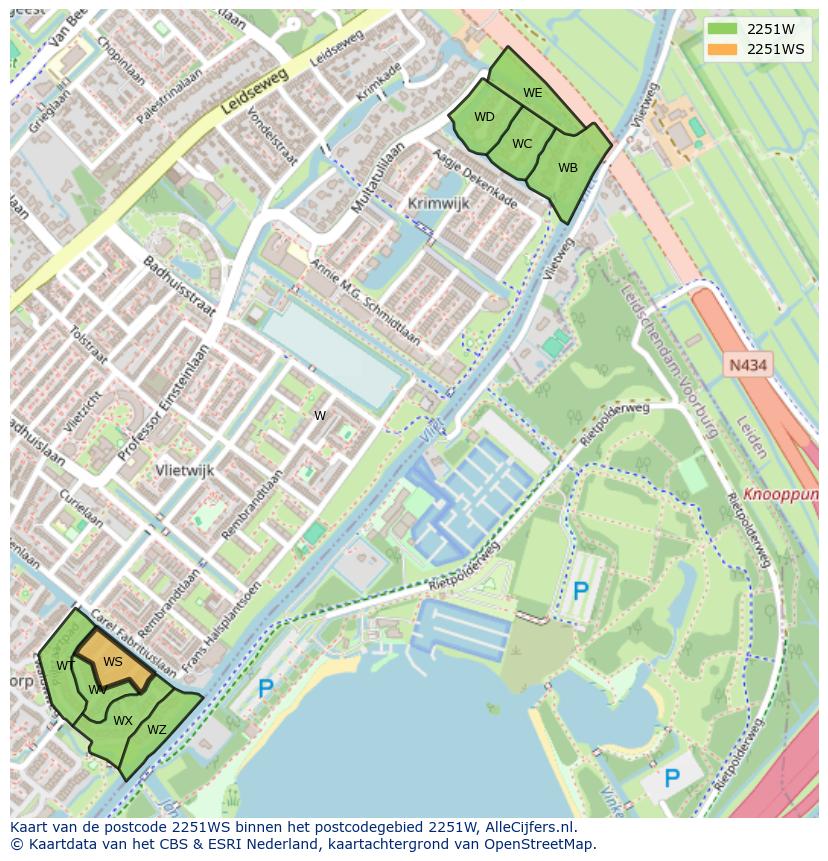 Afbeelding van het postcodegebied 2251 WS op de kaart.