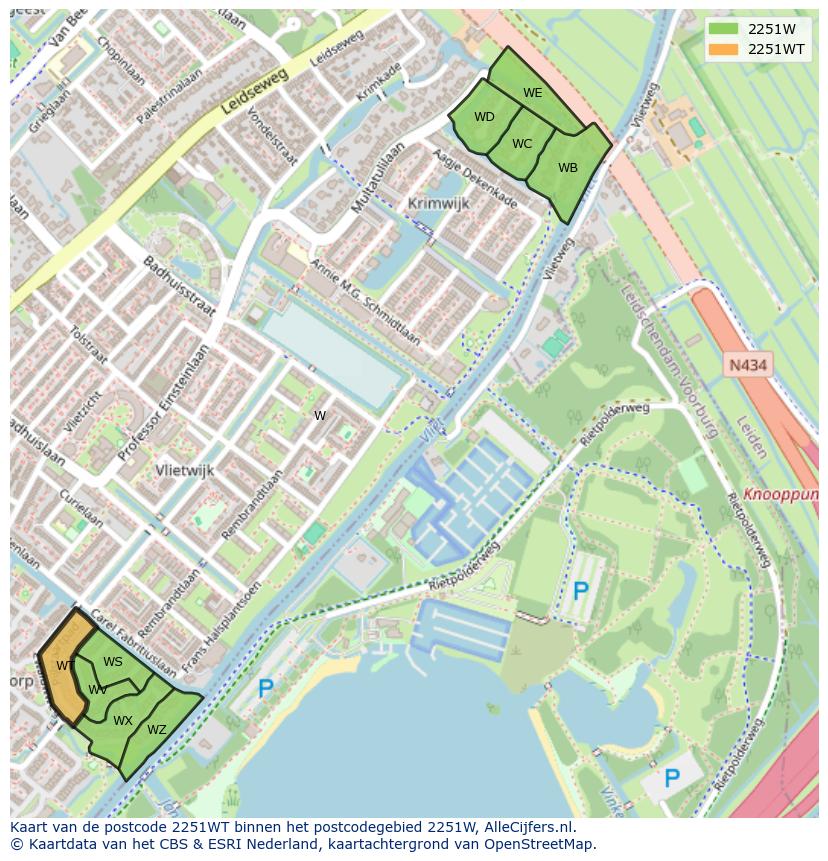 Afbeelding van het postcodegebied 2251 WT op de kaart.