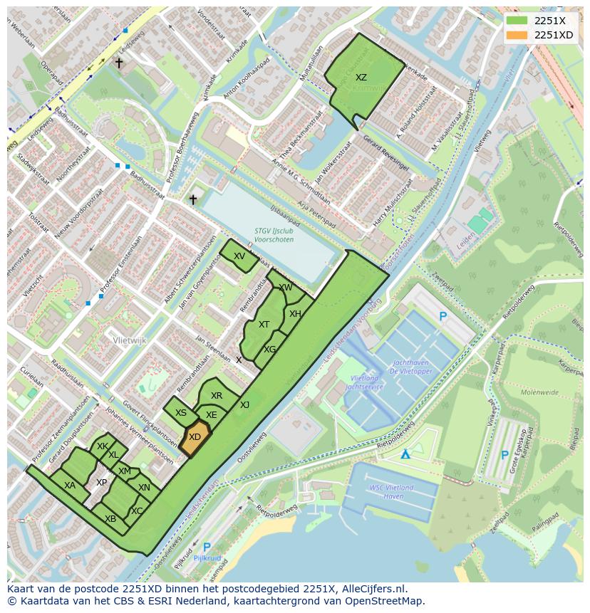 Afbeelding van het postcodegebied 2251 XD op de kaart.