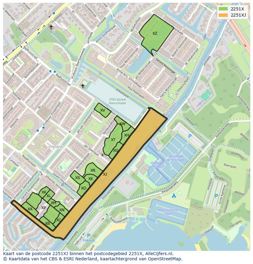 Afbeelding van het postcodegebied 2251 XJ op de kaart.