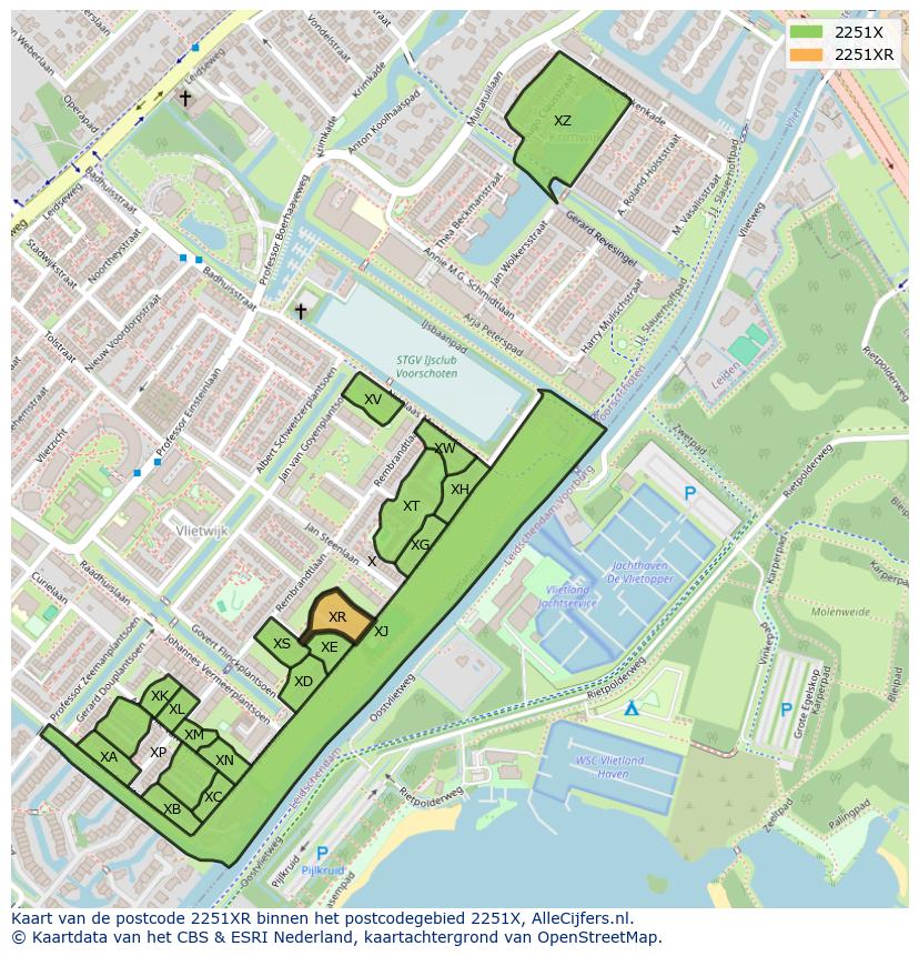 Afbeelding van het postcodegebied 2251 XR op de kaart.