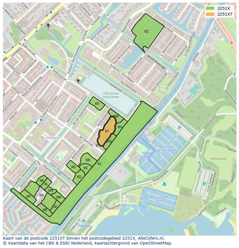 Afbeelding van het postcodegebied 2251 XT op de kaart.