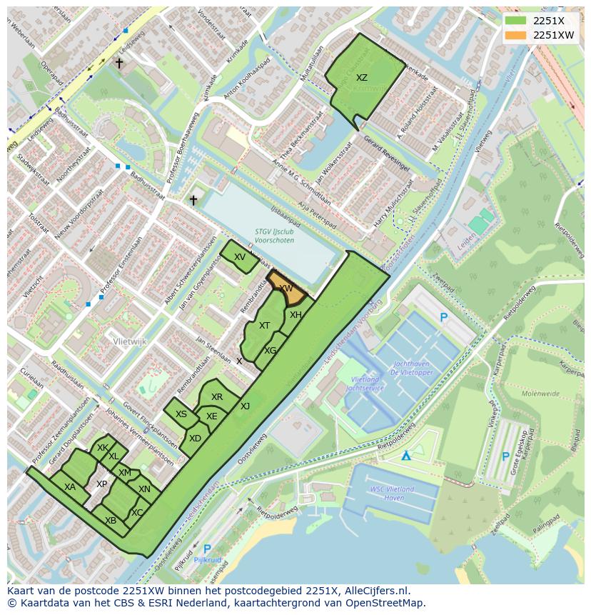 Afbeelding van het postcodegebied 2251 XW op de kaart.