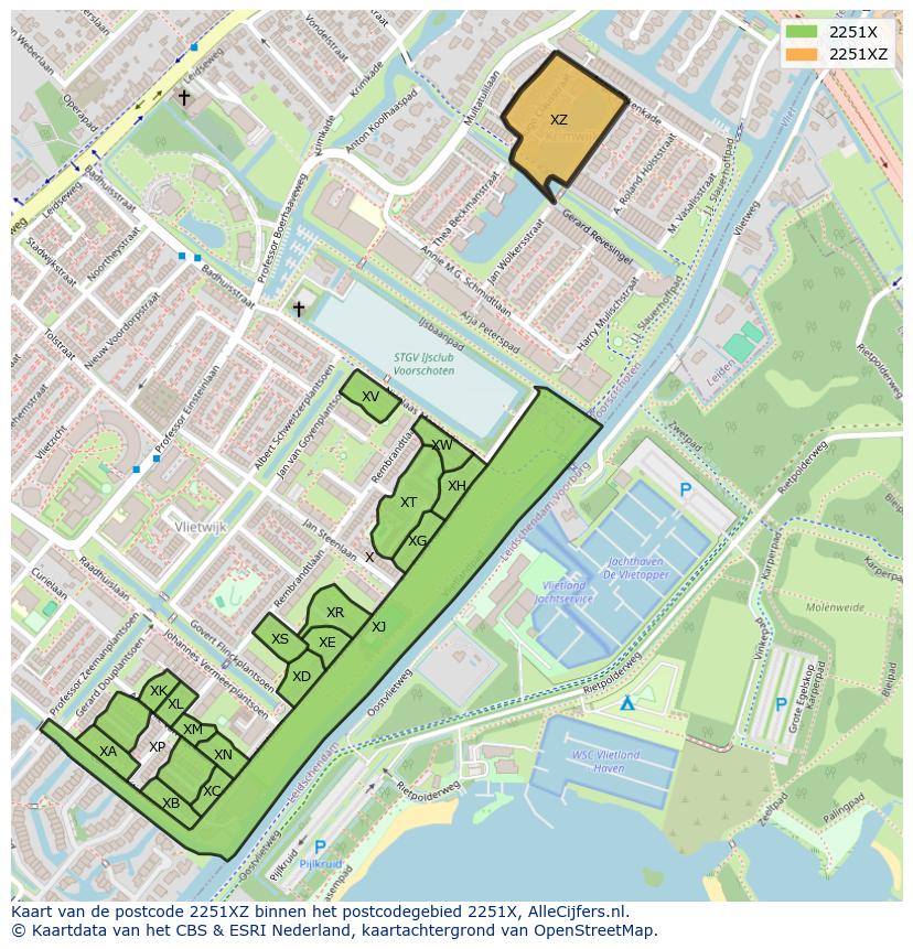 Afbeelding van het postcodegebied 2251 XZ op de kaart.