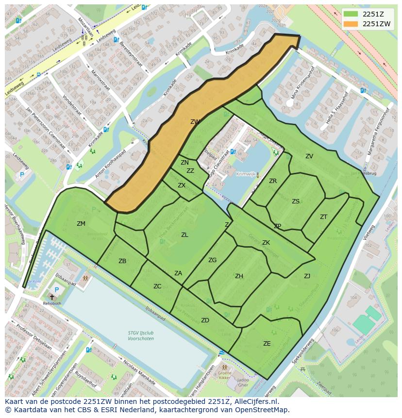 Afbeelding van het postcodegebied 2251 ZW op de kaart.