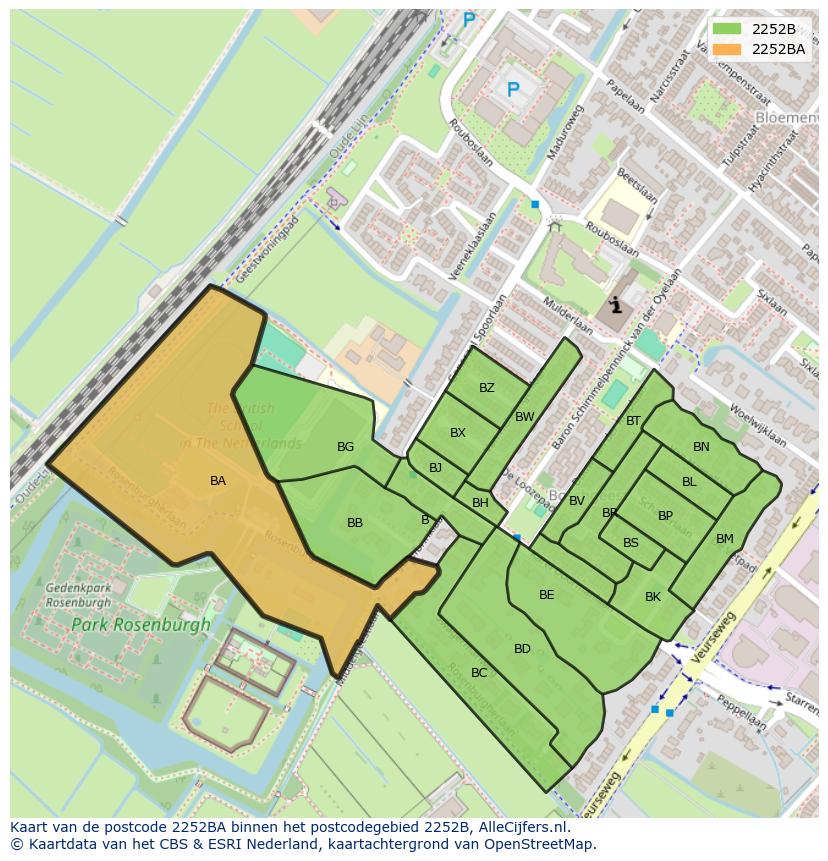 Afbeelding van het postcodegebied 2252 BA op de kaart.