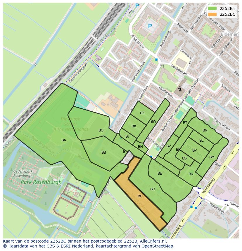 Afbeelding van het postcodegebied 2252 BC op de kaart.